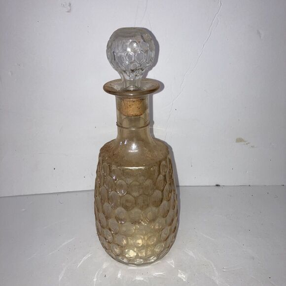 Vtg Empty Crystal Liquor DECANTER Amber Iridescent Thumbprint Globe Pour Spout - Picture 1 of 5